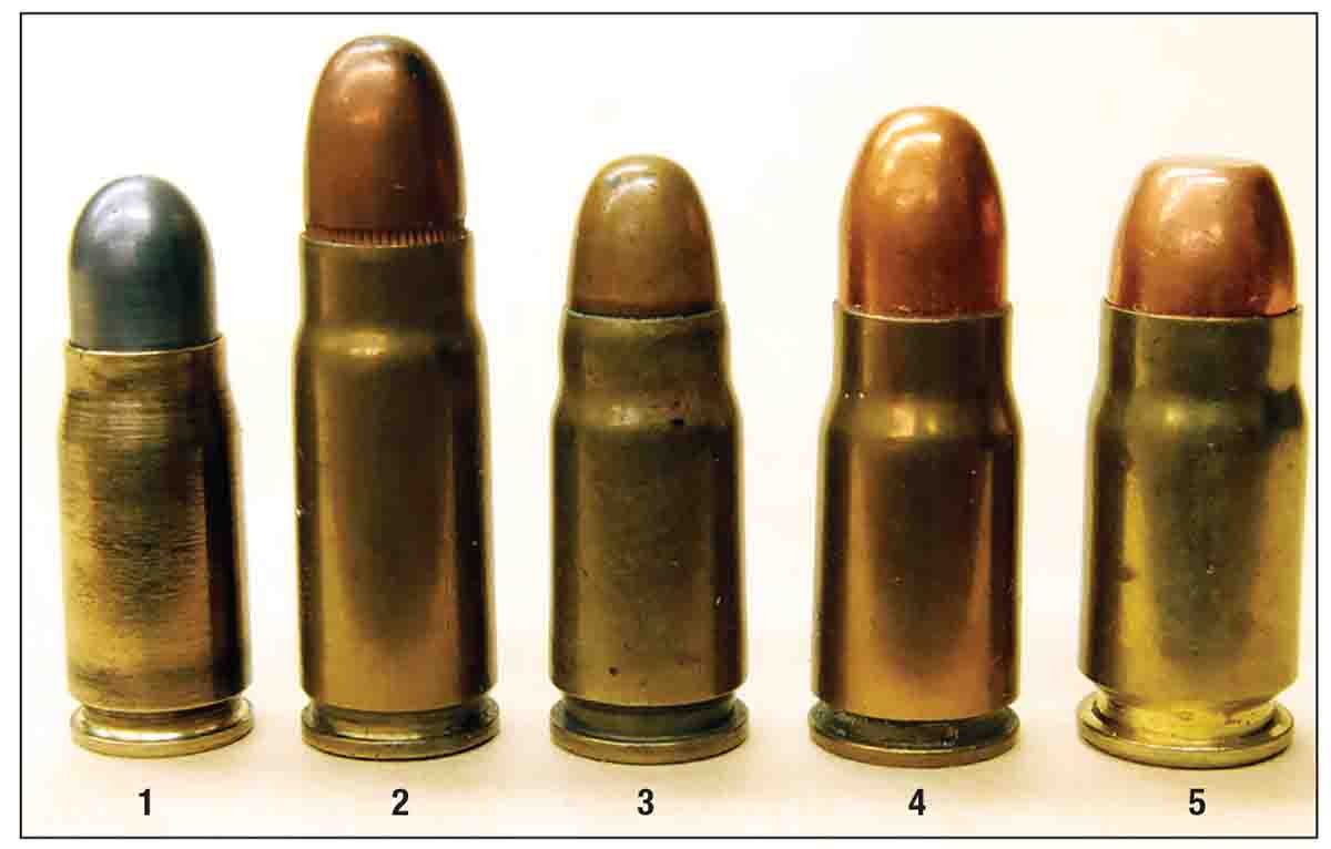 Bottleneck cartridges used in early automatics are the: (1) 7mm Japanese Nambu, (2) 7.63mm Mauser or 30 Mauser, (3) 7.65mm Parabellum or 30 Luger, (4) 8mm Japanese Nambu and today’s (5) 357 SIG.